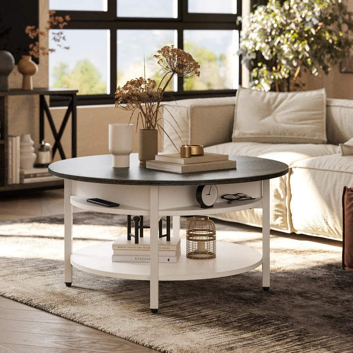 Farmhouse Round Lift Top Coffee Table with Hidden Storage, Antique White