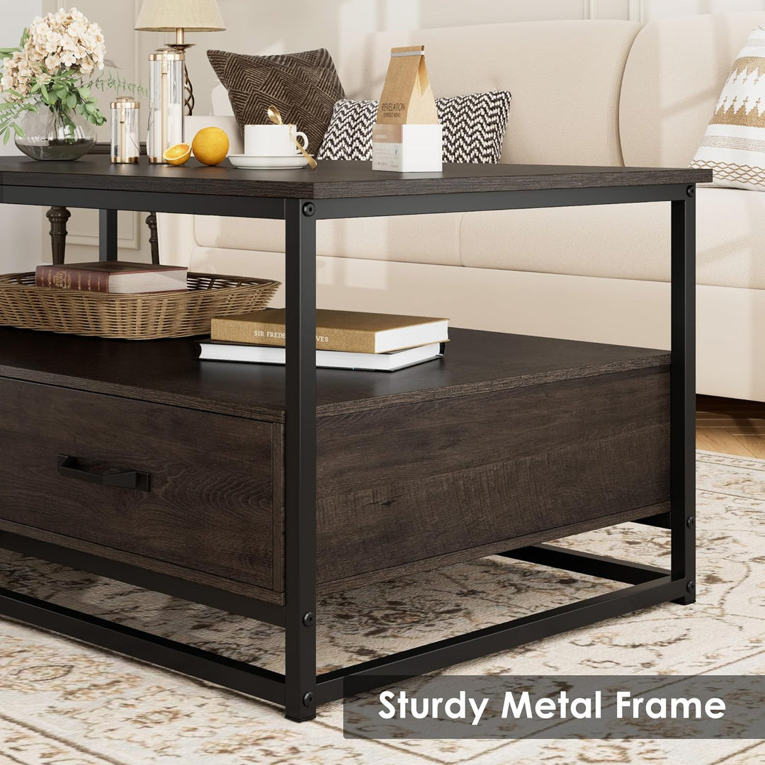 Rustic Wood and Metal Coffee Table with Storage, Brown