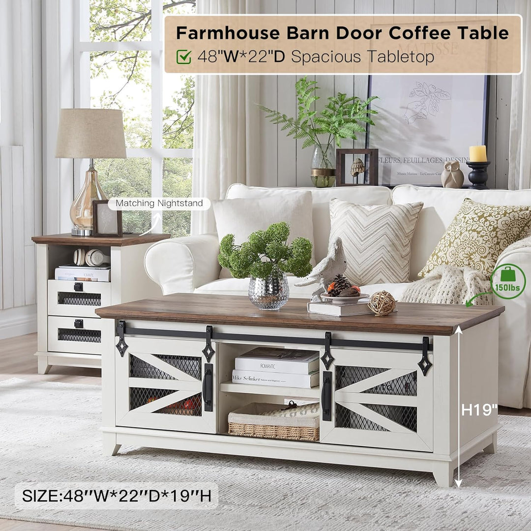 Rustic Coffee Table with Storage, Sliding Barn Doors, Antique White