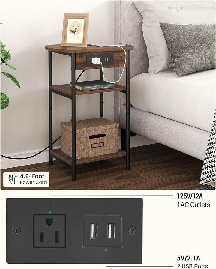 3 Tier Storage Bed Side Table, Rustic Brown Black