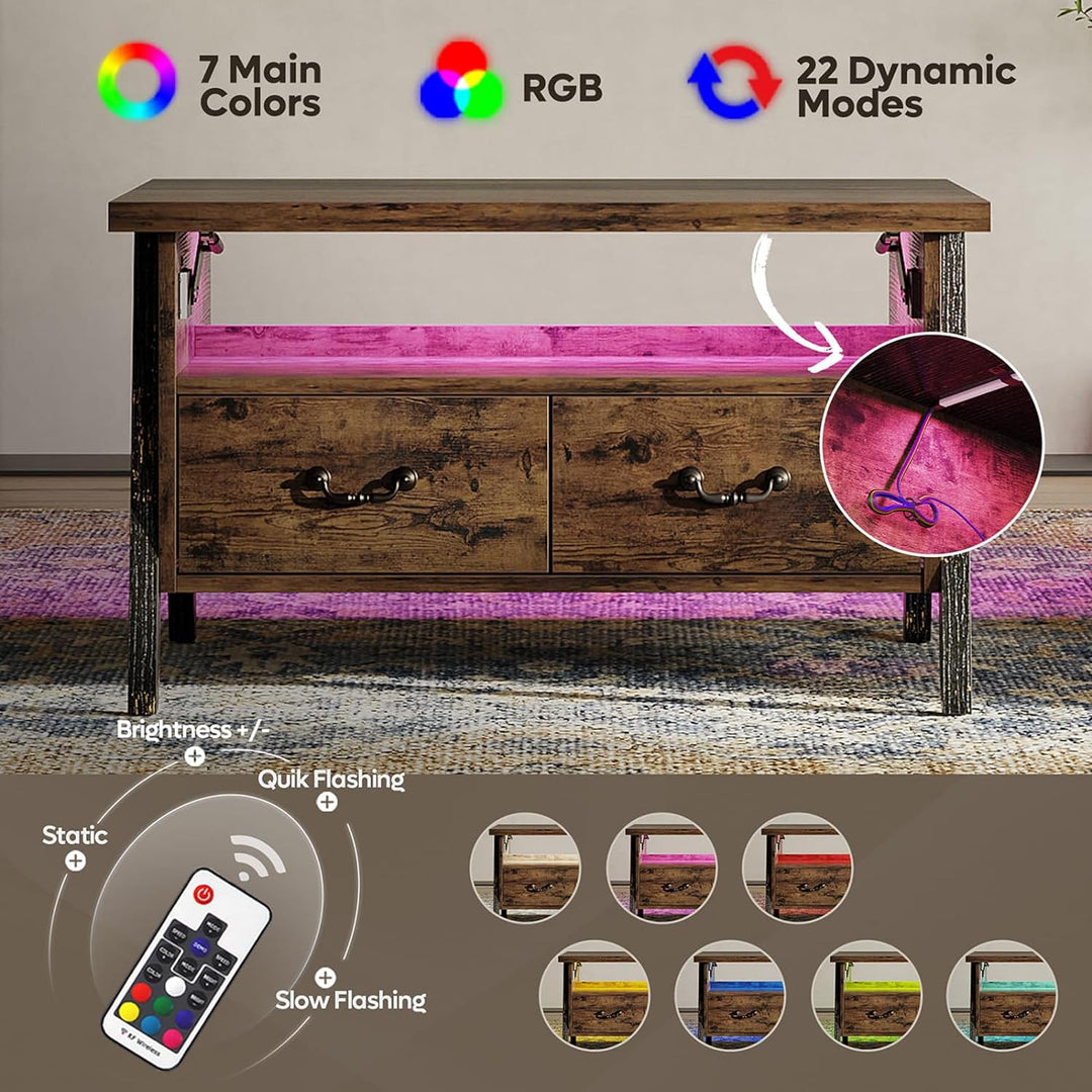 Bestier Lift Top Coffee Table with LED Lights, Storage Drawers, Rustic Brown