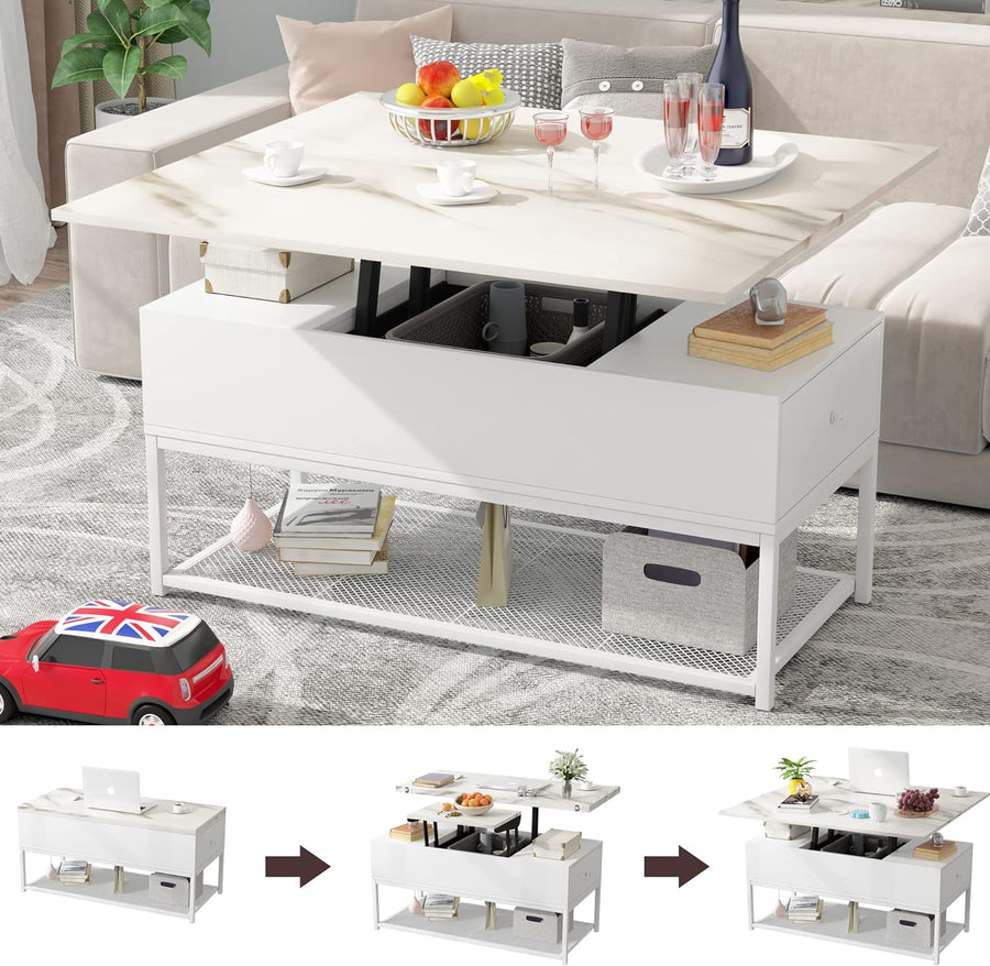 Lift Top Coffee Table with Storage Drawers and Hidden Compartment, Faux Marble White