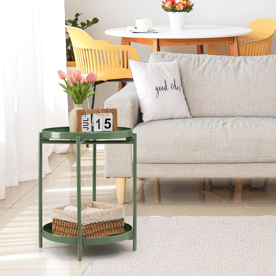 2 Tier Green Side Table, Folding Round Metal End