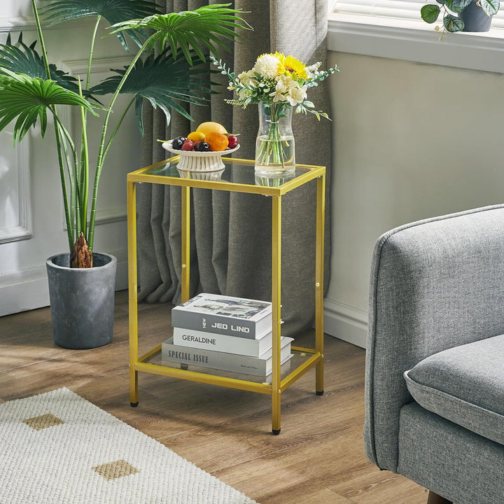 Tempered Glass Side Table, 2 Tier End Table, Gold