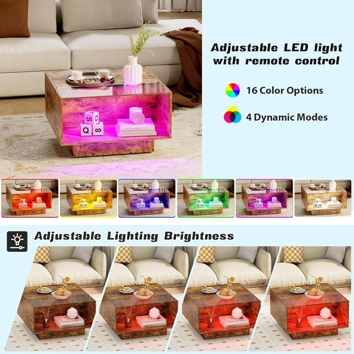 Unique LED Coffee Table with Storage, 16 Color Changing Lights, Rustic Brown