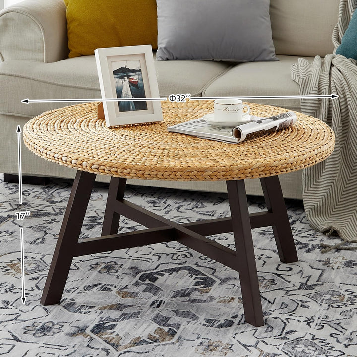 Coffee Table Round, Seagrass Coffee Tables, Pine Wood X Base Frame, Natural