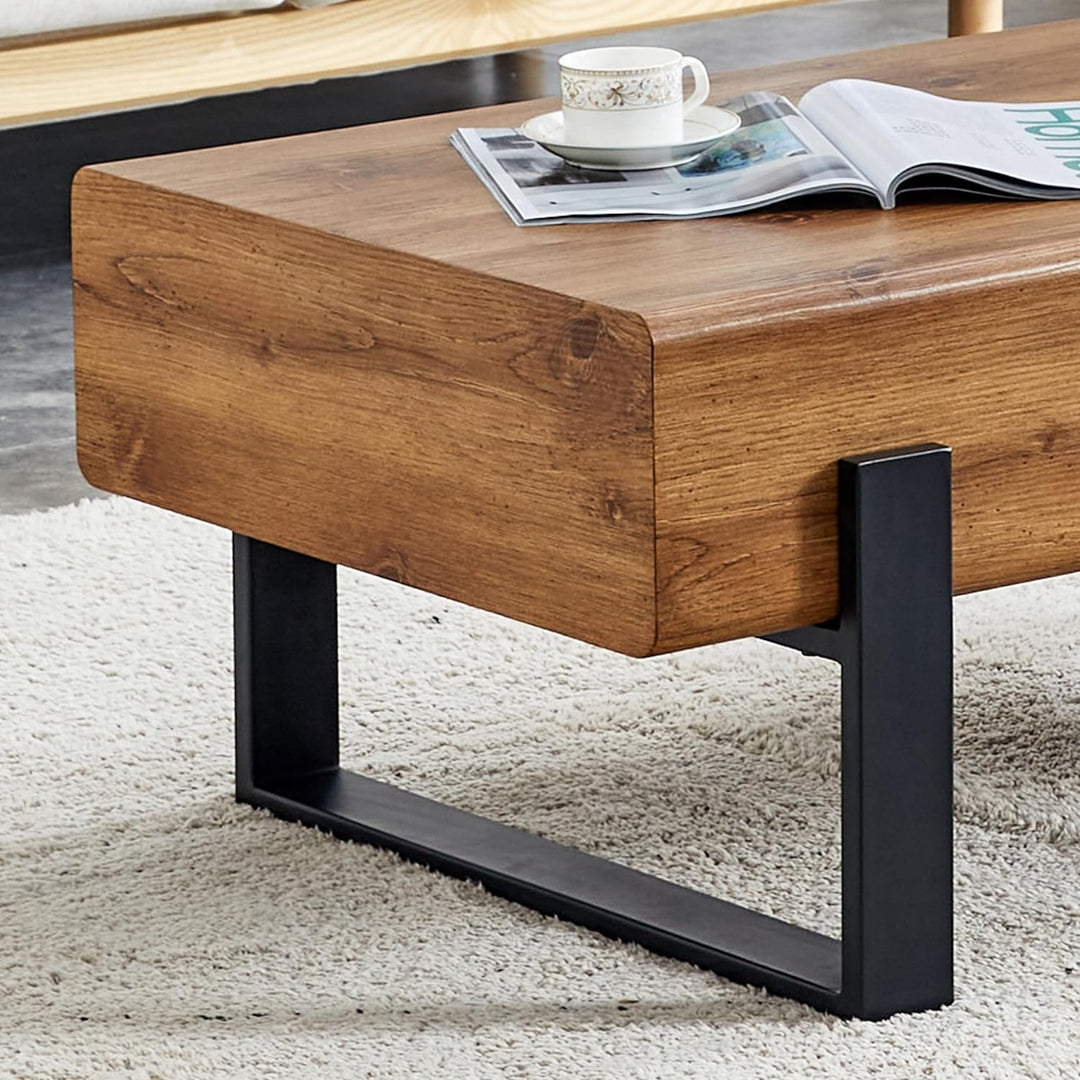 Modern Walnut Wood Rectangular Coffee Table, Black Metal Legs