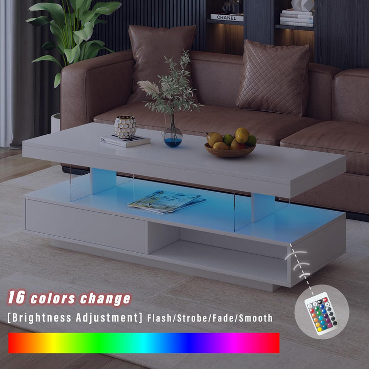 High Gloss Coffee Table with Storage, LED Lights, White