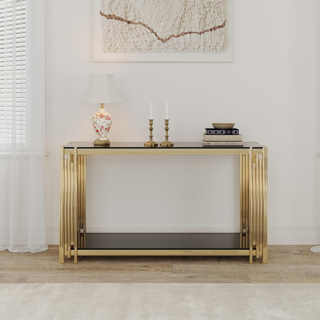 Modern Glass Gold Console Table, Gold Sofa Table, Black Tempered Glass (Black5)