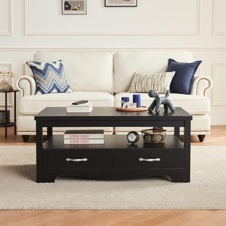 Farmhouse Coffee Table with Storage, Wood Coffee Table, Black