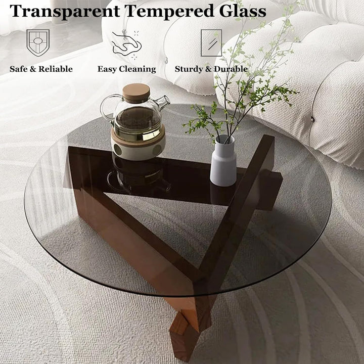 Stylish Round Coffee Table, Modern Glass Top, Walnut Gray