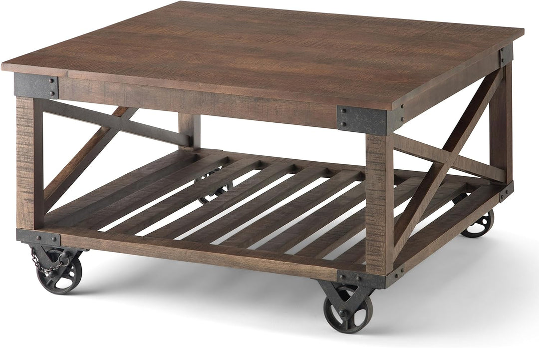 Solid Mango Wood and Metal Industrial Coffee Table, 32-inch, Distressed Dark Brown