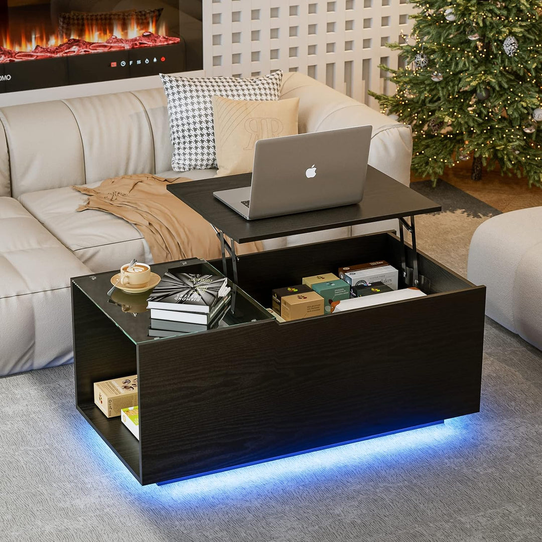 IKIFLY Lift Top Coffee Table, LED Lights, Charging, Black