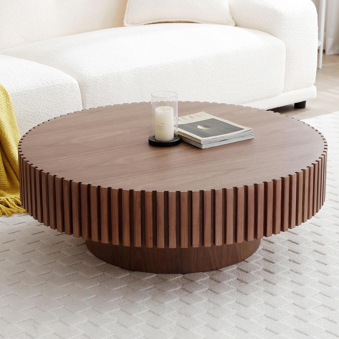 31.49" Round Farmhouse Coffee Table, Circle Drum Wood Table, Walnut