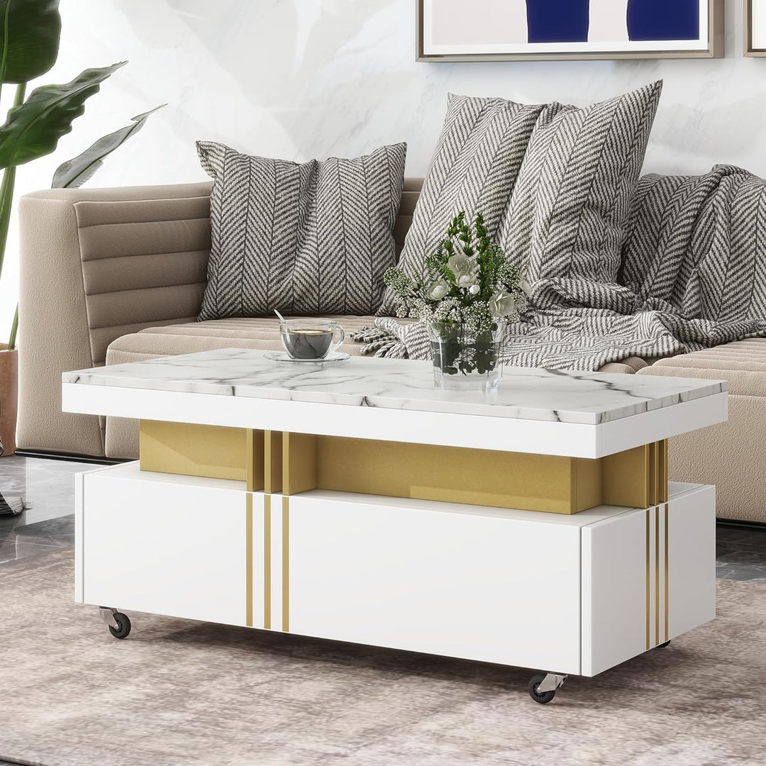 Polibi Contemporary Coffee Table with Faux Marble Top, Gold Metal Bars