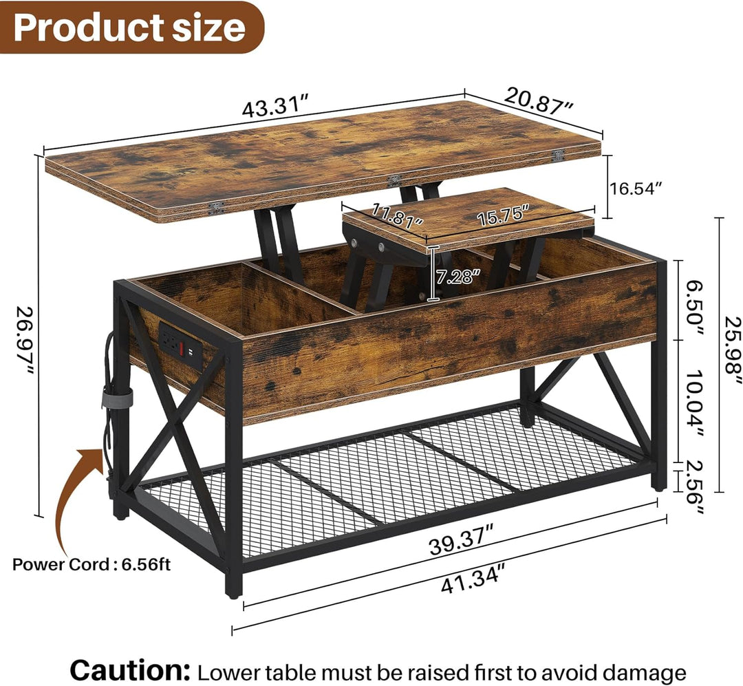 43" Lift Top Coffee Table, Charging Station, Converts to Dining, Black