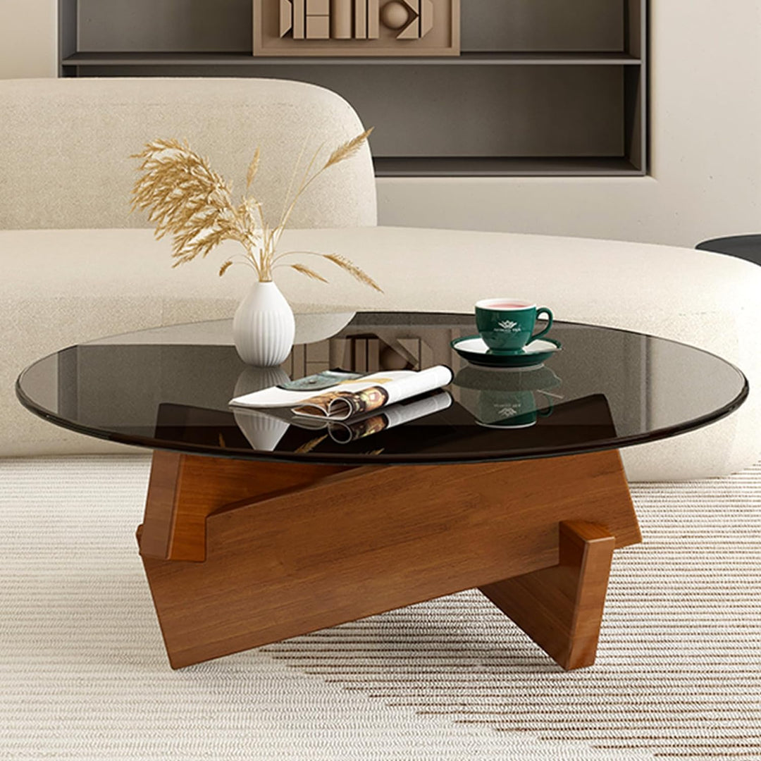 Stylish Round Coffee Table, Modern Glass Top, Walnut Gray