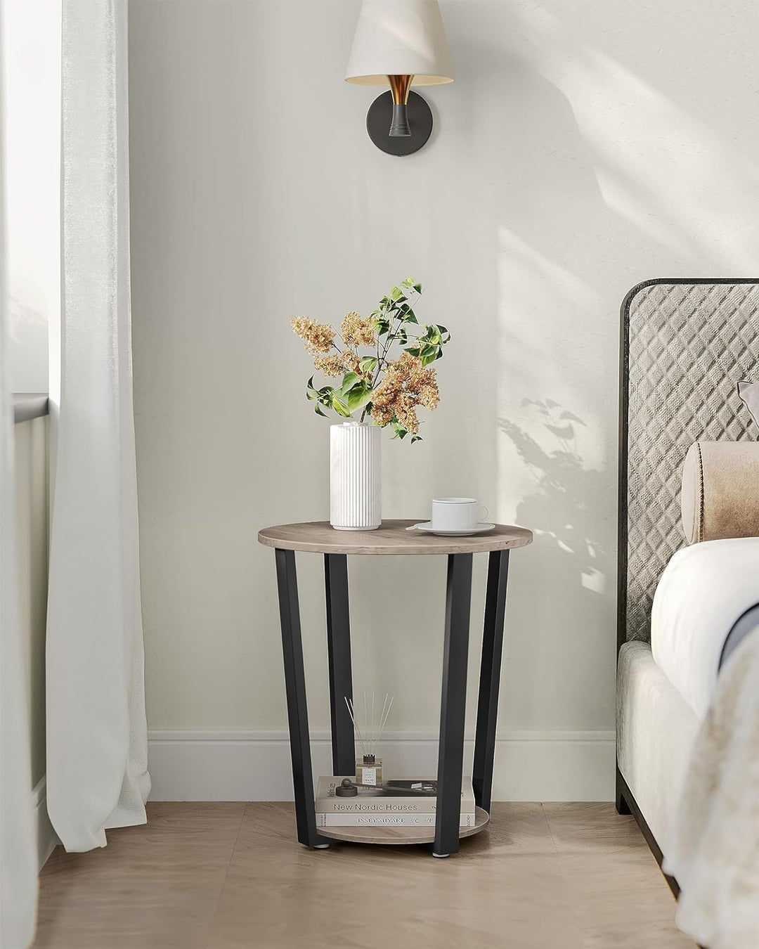 Round End Table, Storage Shelf, Steel Frame