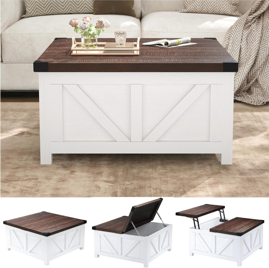 Farmhouse Lift Top Coffee Table with Storage, Wood Square Center Table with Charging Station and USB Ports, Living Room Central Table with Large Hidden Space, White