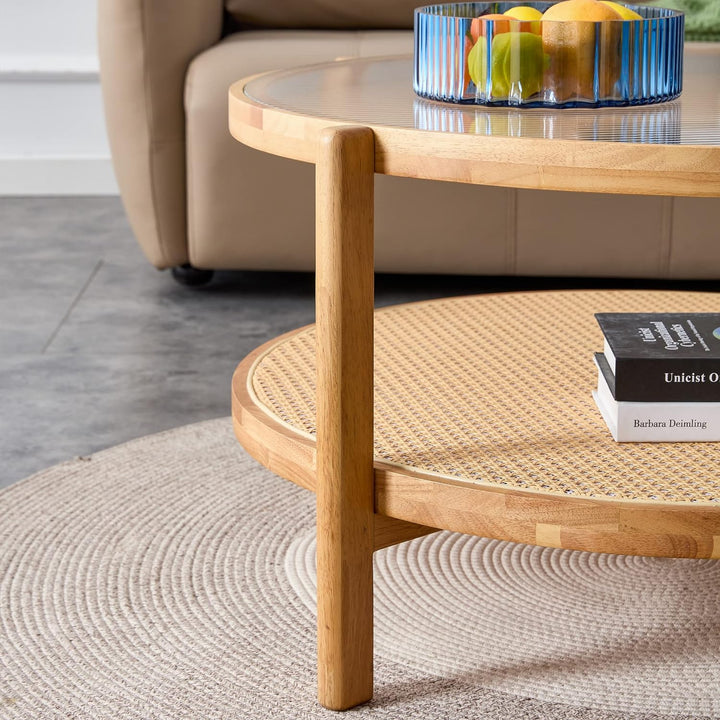 Modern Round Coffee Table with Textured Glass, 2-Tier Center Table