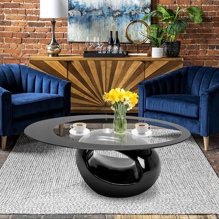 Oval Glass Coffee Table, High Gloss Hollow Base, Black