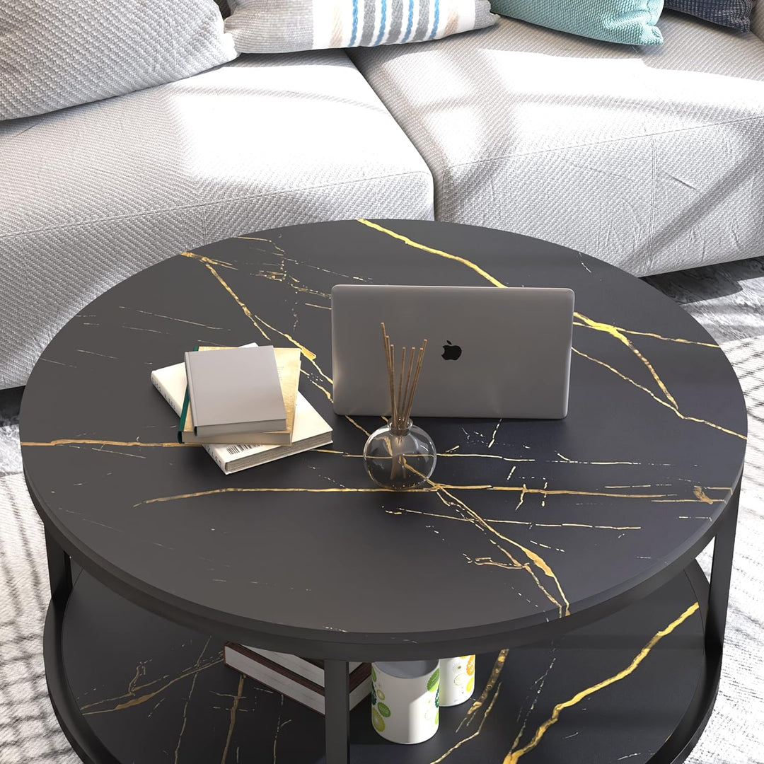 Faux Marble Top Round Coffee Table, Black