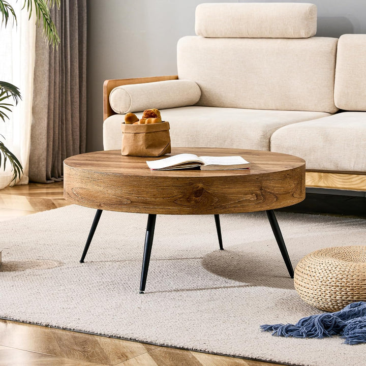 Stylish Modern Round Coffee Table, Walnut Wood and Black Metal