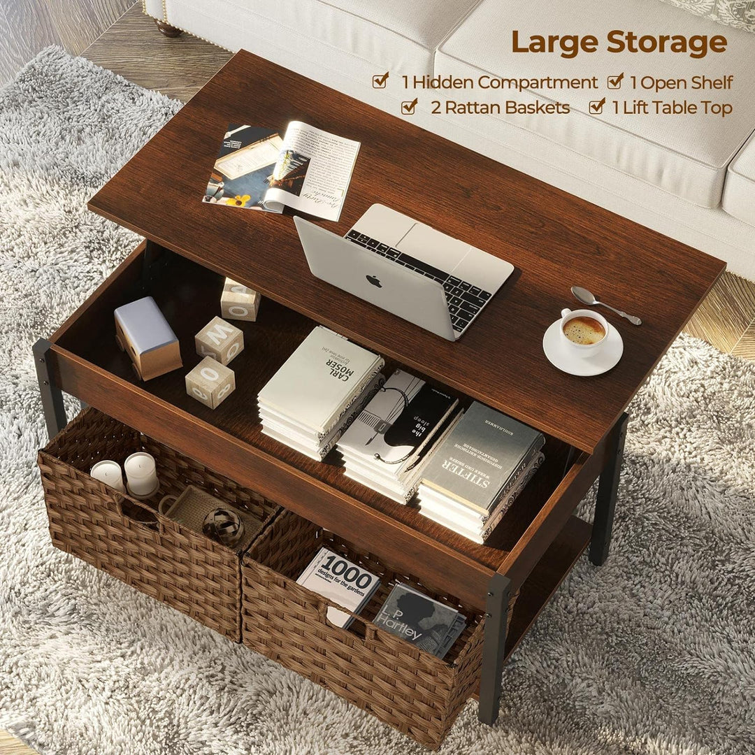 Lift Top Coffee Table with Hidden Storage, Rattan Baskets, Espresso