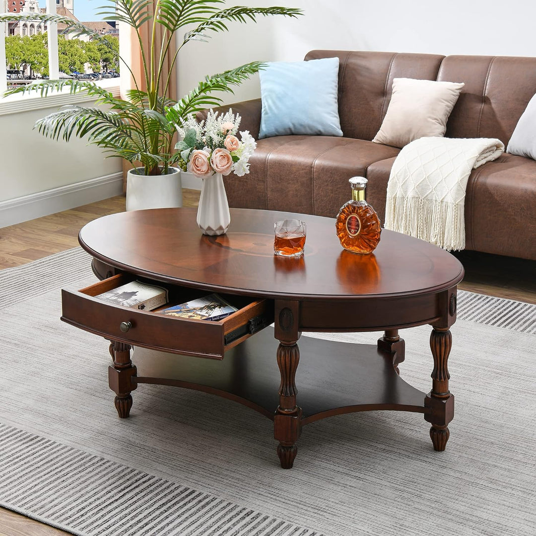 Solid Wood Oval Coffee Table with Storage Drawer, Cherry Walnut