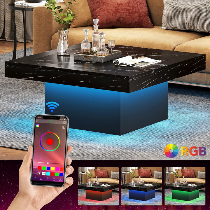 Stylish Square LED Coffee Table, Faux Marble Blackblack