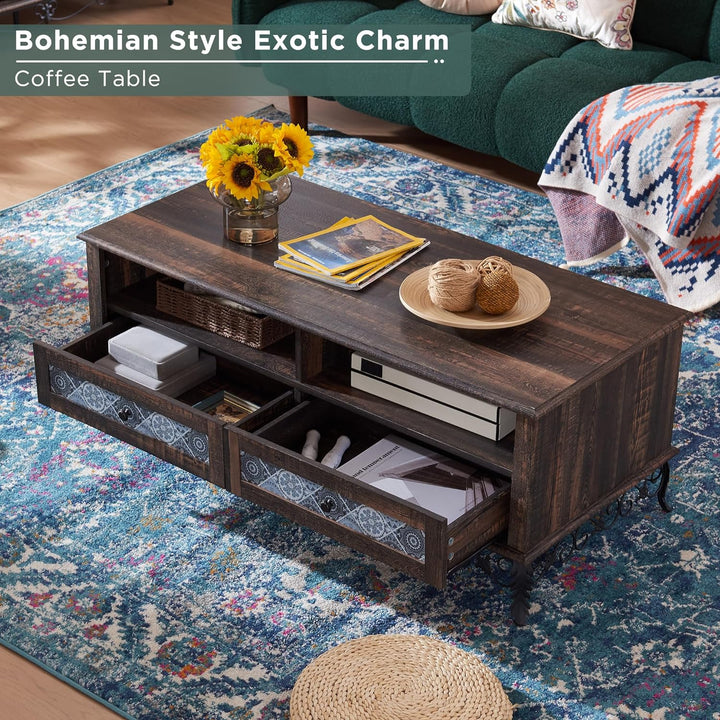 Rustic Bohemian Coffee Table with Sliding Drawers, Ornate Wrought Iron Decor, Dark Brown