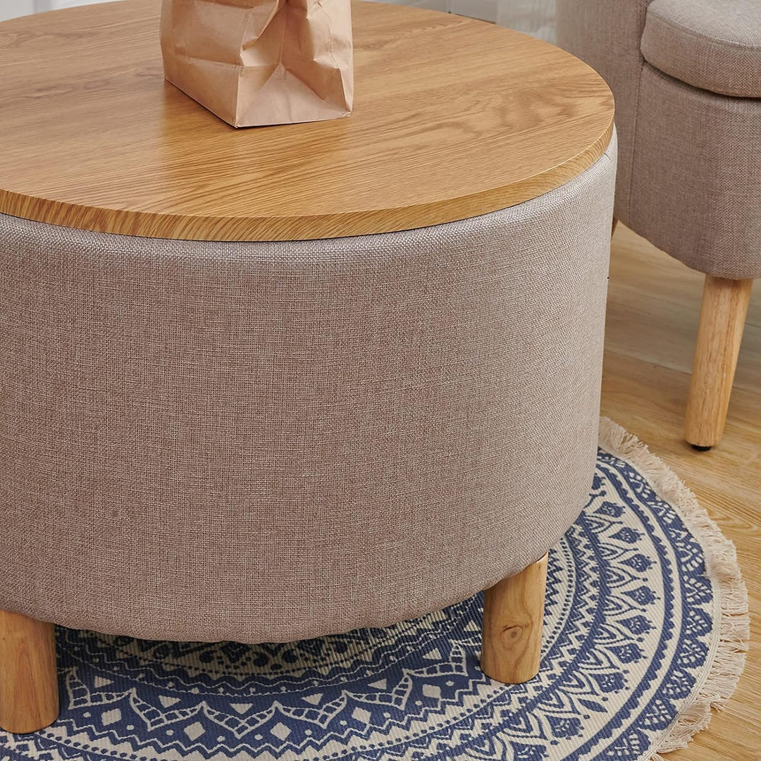 Round Coffee Table with Storage, Multi-Function Ottoman, Natural Color