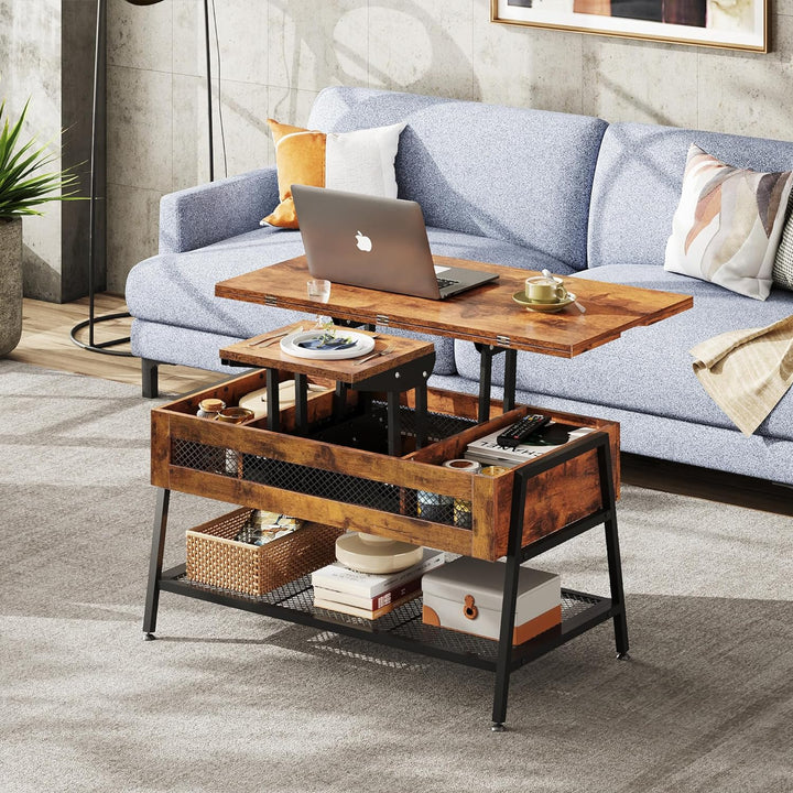 Lift Top Coffee Table with Hidden Storage, Converts to Dining Table, Rustic Brown