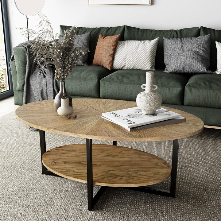 Solid Wood Oval Coffee Table with Cross Metal Legs, Rustic Nature