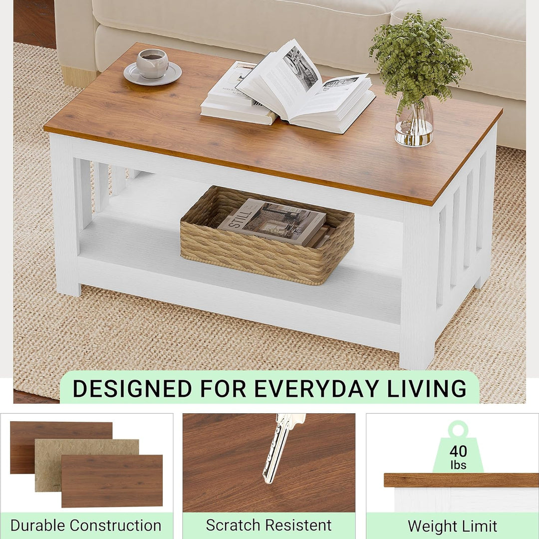 Elegant Wooden Coffee Table with Storage - Walnut & White