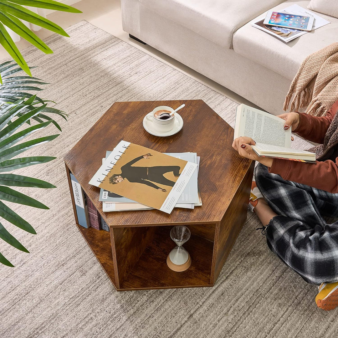 Hexagonal Small Coffee Table with Open Storage, Brown