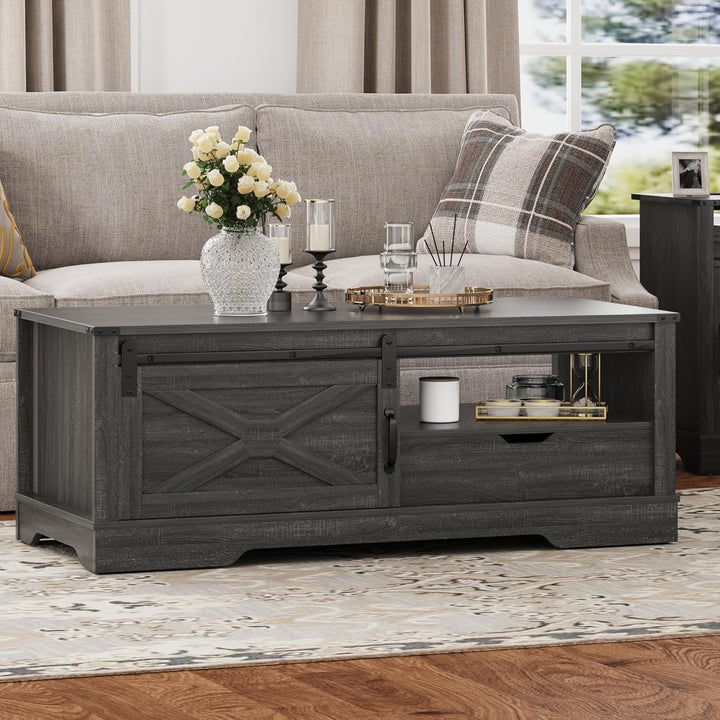 Farmhouse Coffee Table with Storage, Rustic Living Room Table, Dark Grey