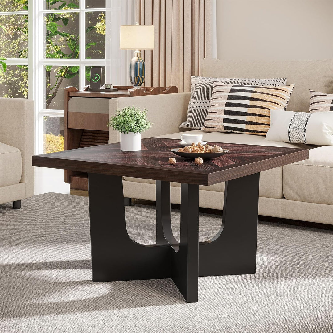 Rustic Farmhouse Coffee Table, Small Square Design in Black, Rustic Brown