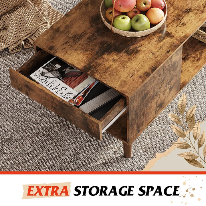 Rustic Brown Coffee Table with Storage, Mid-Century Modern Design