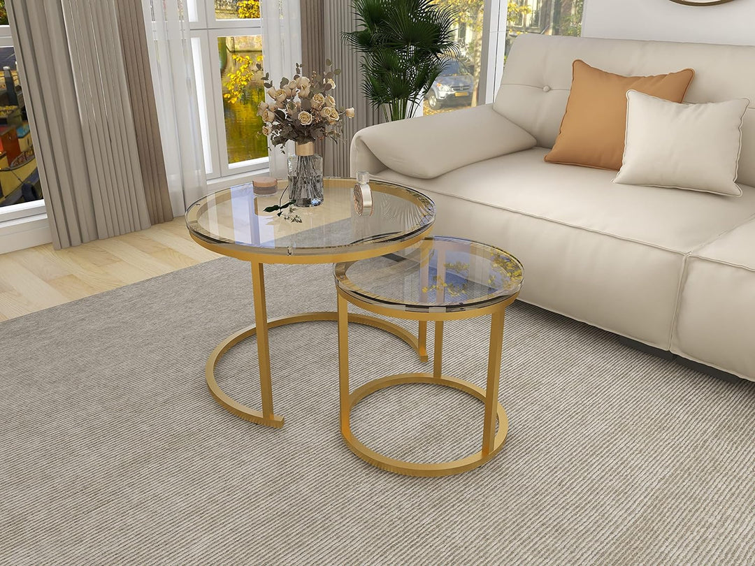 Nesting Round Coffee Table Set, Stacking Side Tables with Glass Tabletop and Golden Metal Frame