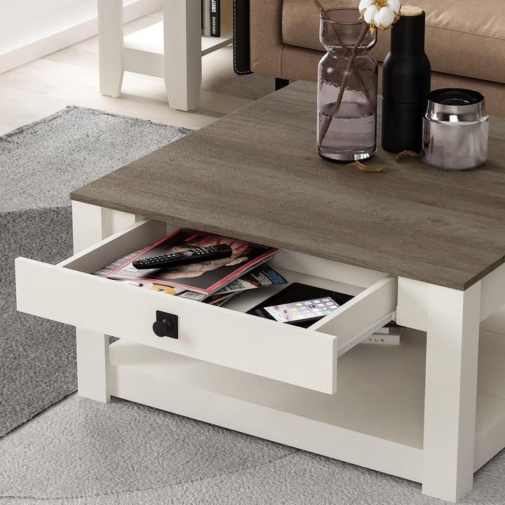 Galano Philia Modern Rectangular Coffee Table, Ivory Knotty Oak