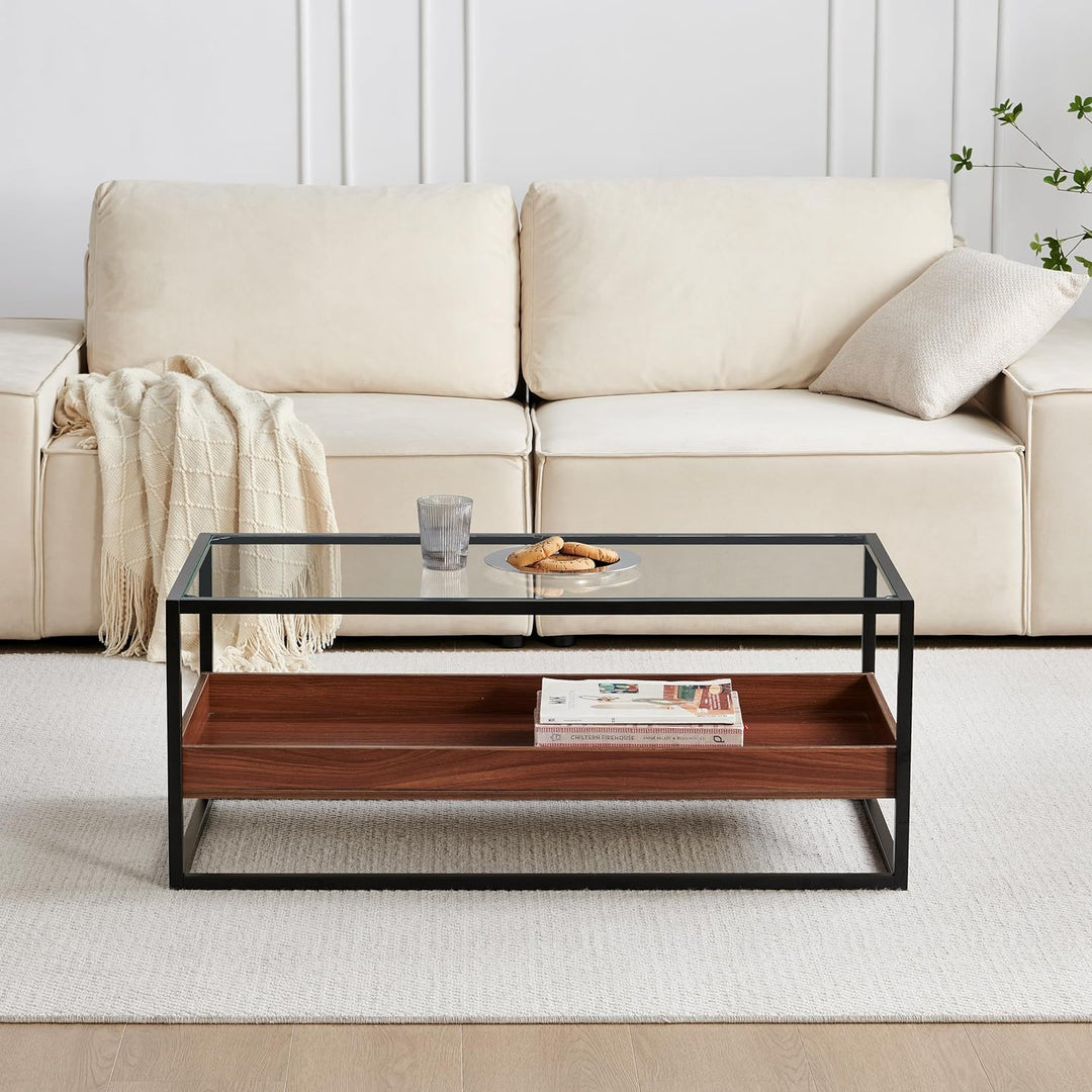 Dual-Layer Glass Coffee Table, Walnut Wood Panels, Black Frame