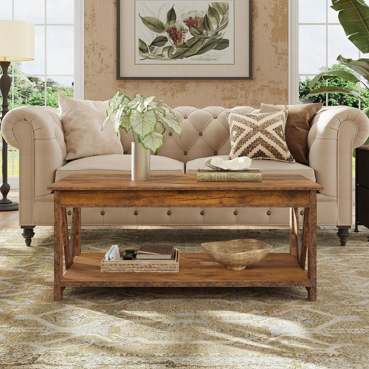 Farmhouse Coffee Table with Storage, 43-inch Wood Center Table, Rustic Brown