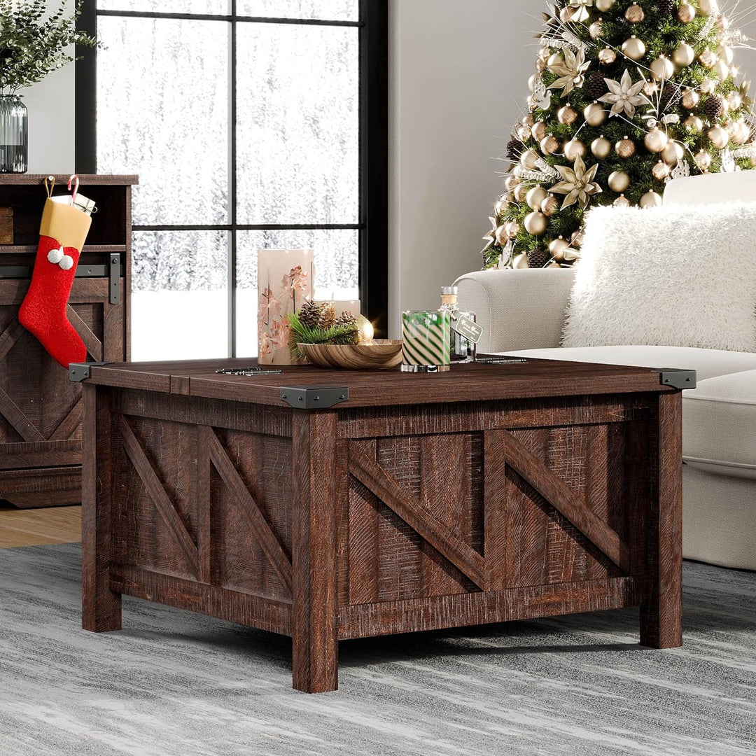 Modern Farmhouse Coffee Table, Square Wood Center Table, Rustic Brown