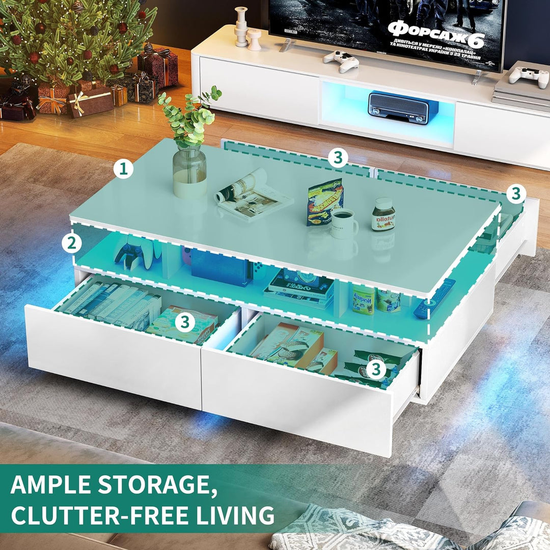 YITAHOME LED Coffee Table with Storage, High Glossy White