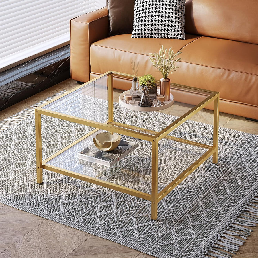 2-Tier Square Glass Coffee Table w/ Gold Frame