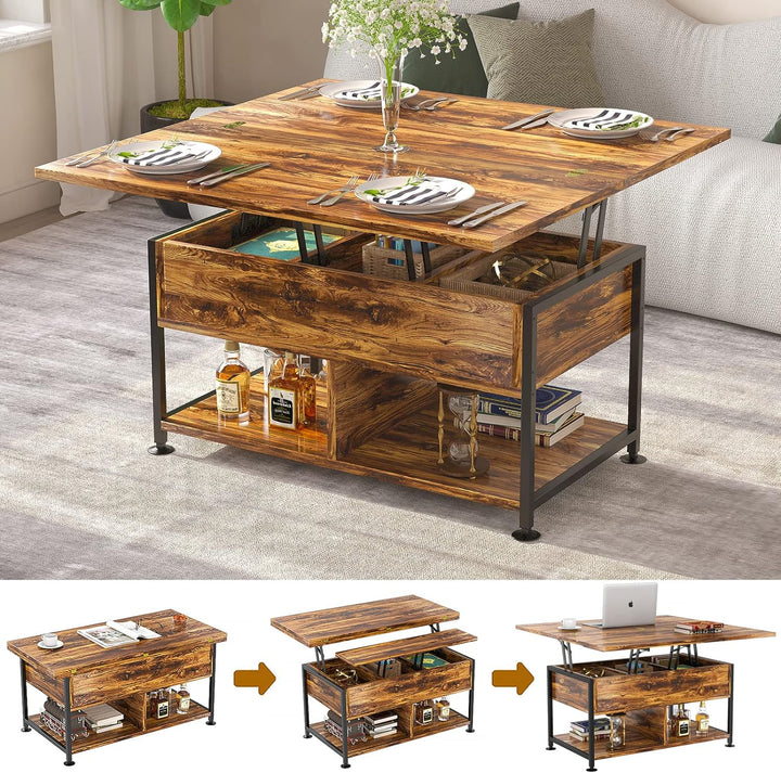 Lift-Top Coffee Table w/ Hidden Compartment, Modern Dining Table, Rustic Brown