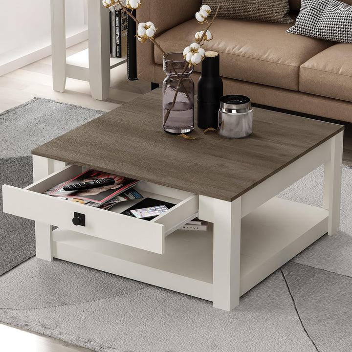 Galano Philia Modern Rectangular Coffee Table, Ivory Knotty Oak