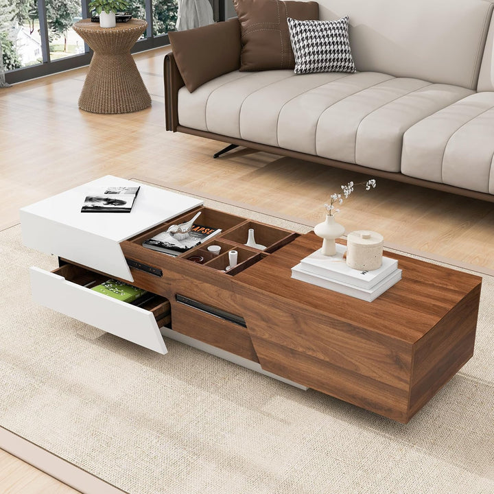 Merax Extendable Coffee Table, UV High-Gloss, Sliding Top & Storage (White & Walnut)