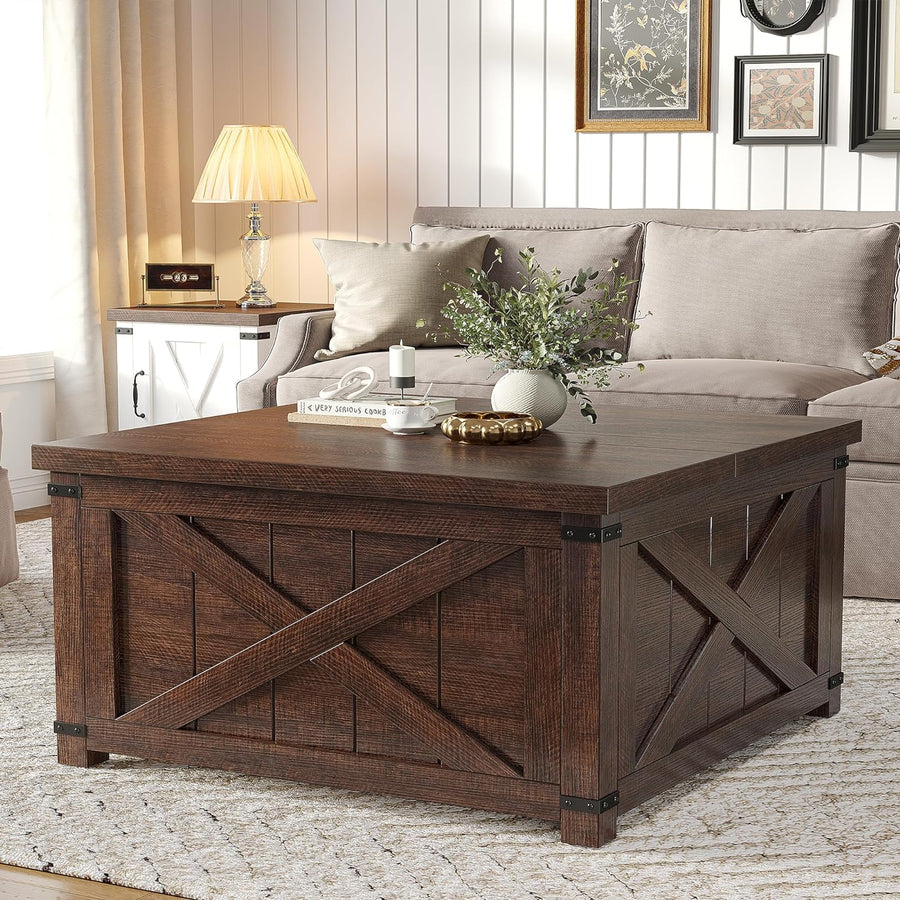 Farmhouse Coffee Table with Hidden Storage, Large Lift Top, Brown